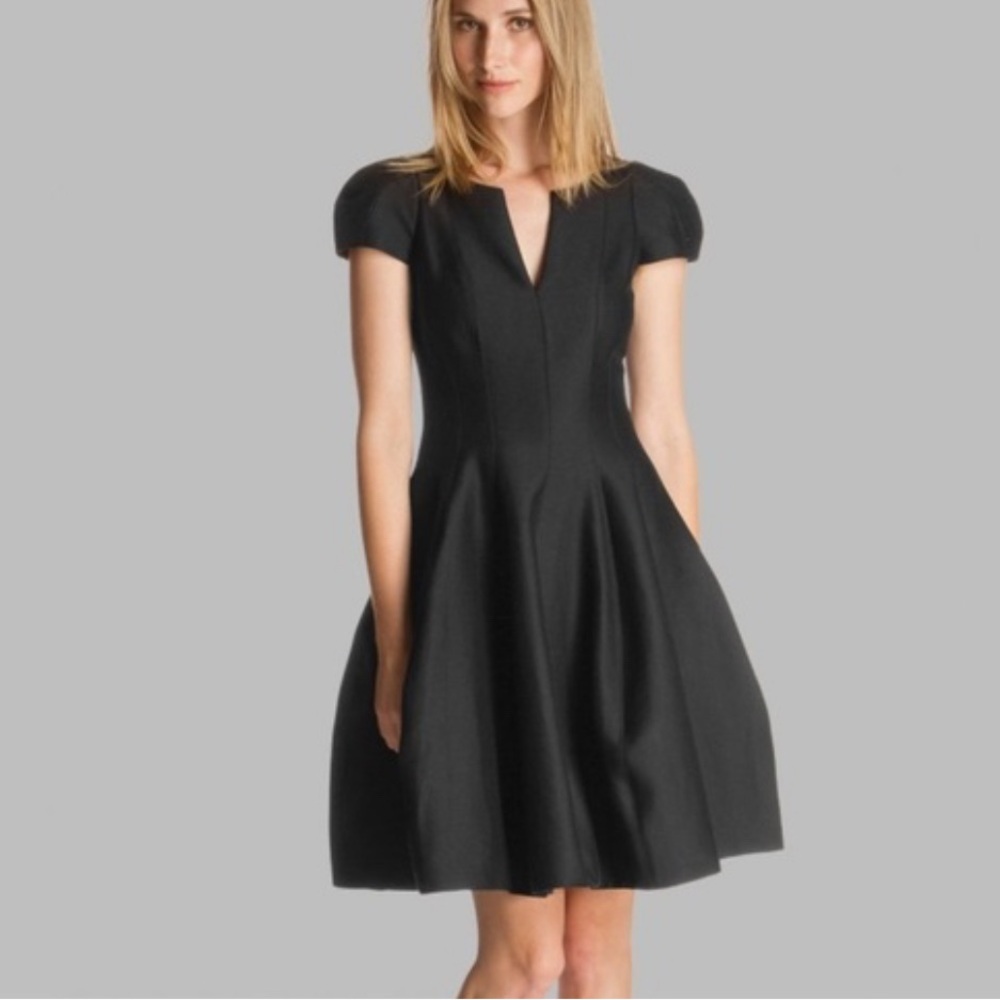 Halston Heritage Black Midi Dress with V-Neck and Puff Sleeves